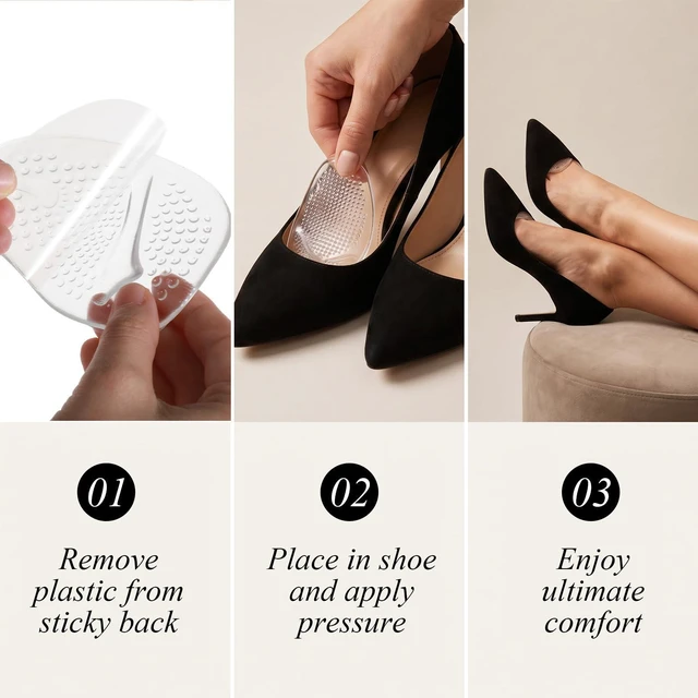 Alt view image 2 of 7 - Metatarsal Pads for Women, High Heel Ball of Foot Cushions, Non-Slip Heel Inserts, One Size Fits All (Clear, 3 Pairs)