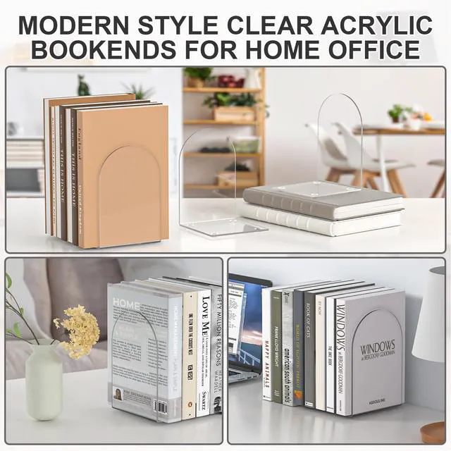 Alt view image 2 of 7 - Acrylic Bookends 4 Pieces Clear Transparent Shelf Book Stopper for Shelves Desktop Organizer Home Office Supplies