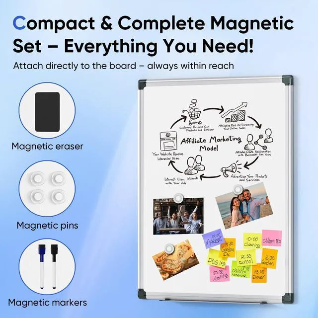 Alt view image 7 of 7 - VUSIGN 24" x 18" Magnetic Whiteboard, Dry Erase Board with Silver Frame, Wall-Mounted for Office, Home, School - Includes 1 Eraser, 2 Multicolor Markers & 4 Magnets
