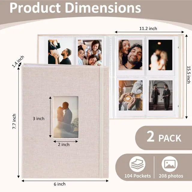 Alt view image 6 of 7 - Vivinin 2PCS Polaroid Photo Album, 2x3-Inch Pockets, 104 Pockets Hold 208 Pictures, Linen Hardcover, Off-white