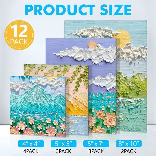 Alt view image 5 of 7 - ESRICH Canvas Boards 12-Pack, 4x4, 5x5, 5x7, 8x10, Blank Cotton Primed Canvas Panels for Acrylic, Oil, Gouache & Tempera