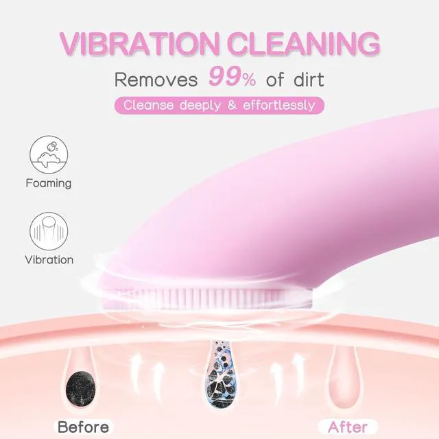Alt view image 6 of 6 - PRITECH Rechargeable Silicone Facial Cleansing Brush with Heat Massage, Vibrating Exfoliator, Waterproof, for Women and Men (Pink)