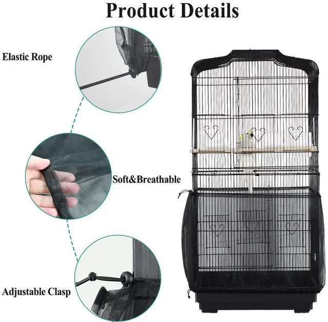 Alt view image 4 of 6 - ASOCEA Universal Bird Cage Seed Catcher Cover Skirt, Adjustable Nylon Mesh, for Round Square Cages, Prevent Scatter, Black 78.7Inch (Birdcage Not Included)