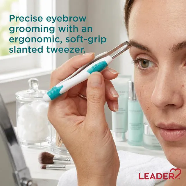 Alt view image 4 of 5 - LEADER Slant Tip Tweezers, Stainless Steel, Precision Easy Grip Non-Slip Rubber, for Eyebrows Facial Hair Splinter and Ingrown Hair Removal