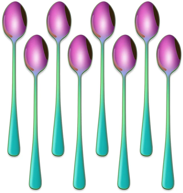 Main image of 5 Inch Rainbow Stainless Steel Ice Tea Spoon, Set of 8 Long Handle Coffee Stirring Spoons, Multicolored Sundae Spoons, Colorful Cocktail Mixing Spoon