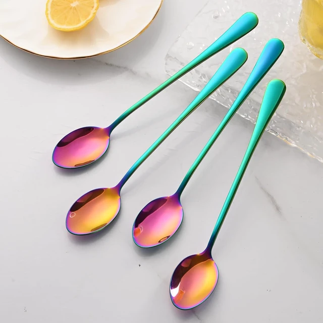 Alt view image 6 of 7 - 5 Inch Rainbow Stainless Steel Ice Tea Spoon, Set of 8 Long Handle Coffee Stirring Spoons, Multicolored Sundae Spoons, Colorful Cocktail Mixing Spoon