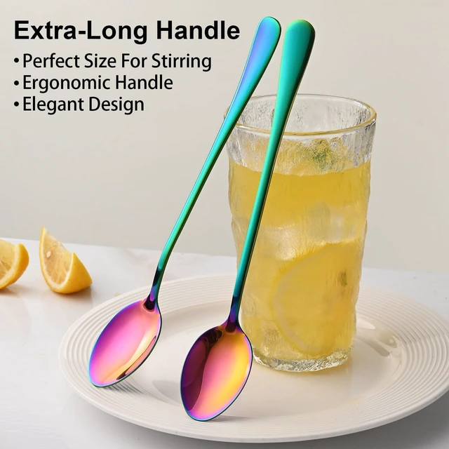 Alt view image 4 of 7 - 5 Inch Rainbow Stainless Steel Ice Tea Spoon, Set of 8 Long Handle Coffee Stirring Spoons, Multicolored Sundae Spoons, Colorful Cocktail Mixing Spoon