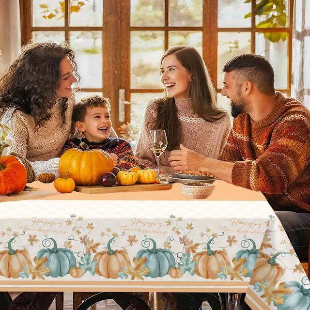 Alt view image 5 of 6 - Childom 2 Pcs Thanksgiving Disposable Plastic Tablecloth 54 x 108 Inch Orange Pumpkin Maple for Rectangle Table, Home, Parties, Outdoor Picnic, Baby Shower