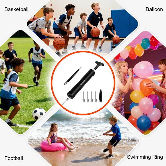 Alt view image 6 of 7 - 10Inch Ball Pump Kit, Portable Air Pump with 5 Needles, 1 Nozzle & Extension Hose for Basketball, Soccer, Football, Volleyball, Water Polo, Rugby