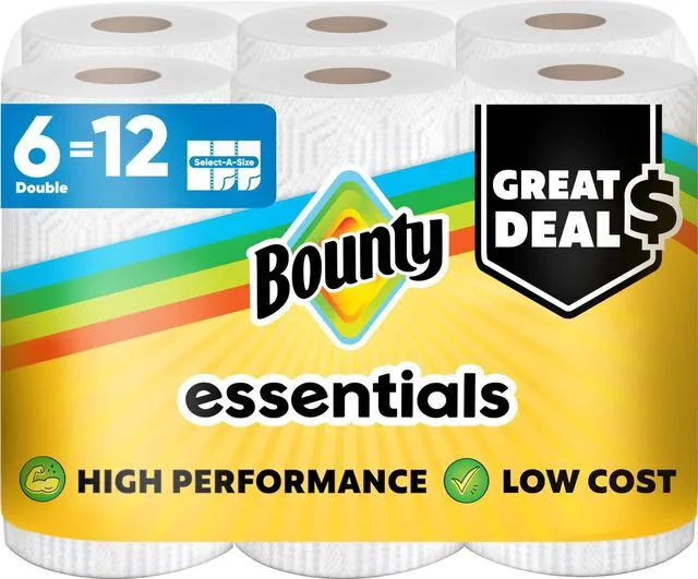 Main image of Bounty Essentials Select-A-Size Paper Towels, 6 Double Rolls, 108 Sheets Per Roll, White