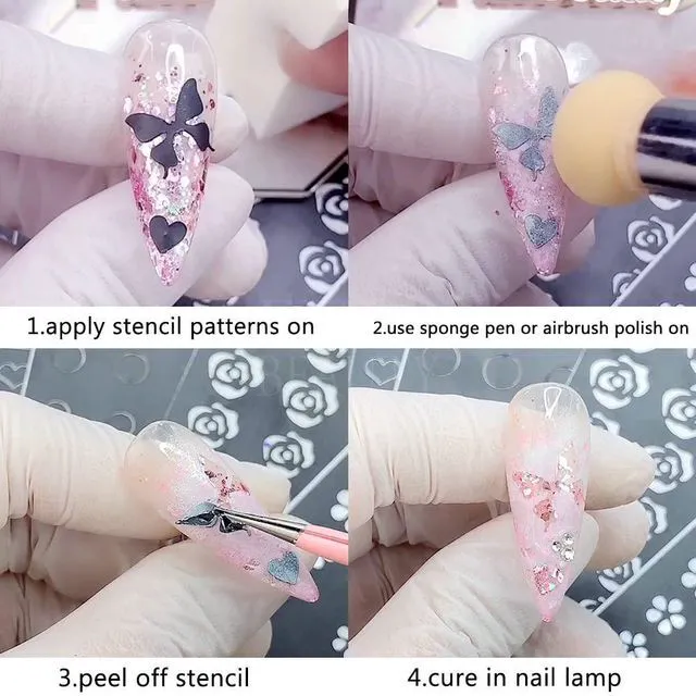 Alt view image 6 of 6 - 24 Sheets Airbrush Stencils Nail Stickers Heart Butterfly Flower Moon Stars Hollow French Art Manicure Tips DIY Decorations