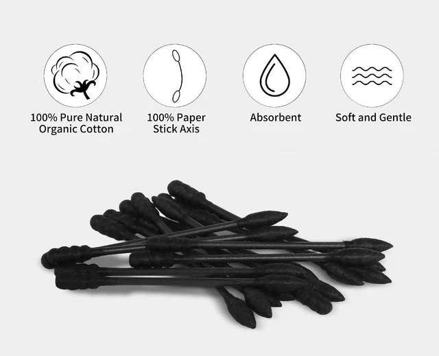 Alt view image 4 of 7 - Black Cotton Swabs Spiral Pointed, 200 Count, Organic Cotton Buds, Charcoal Gothic, Double Side Tightly Wrapped, Precision Cotton Tips, Paper Stick, Soft Gentle Lint-Free