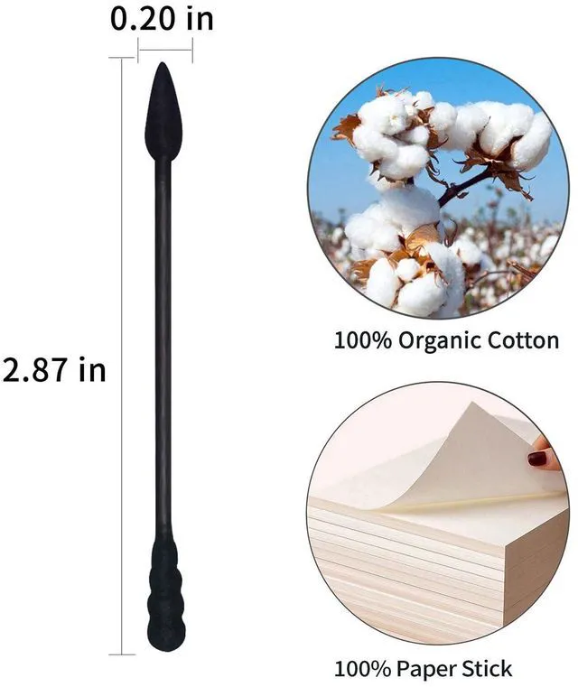 Alt view image 6 of 7 - Black Cotton Swabs Spiral Pointed, 200 Count, Organic Cotton Buds, Charcoal Gothic, Double Side Tightly Wrapped, Precision Cotton Tips, Paper Stick, Soft Gentle Lint-Free