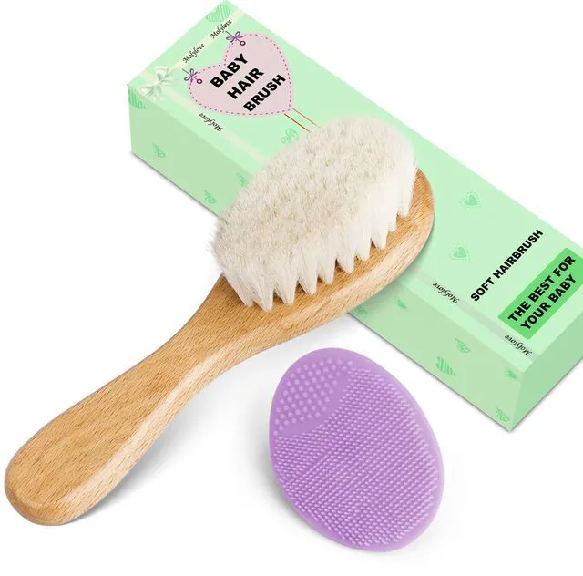 Alt view image 5 of 6 - 2-Piece Baby Hair Brush and Cradle Cap Brush Set for Newborns and Toddlers, Wooden with Soft Goat Bristle, Purple