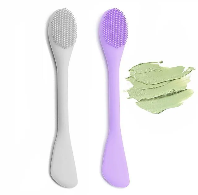 Main image of 2-Pack Dual-Head Silicone Face Mask Brush, Soft Facial Cleansing Brush for Mud Mask, Makeup Remover, Skincare, Gray and Purple