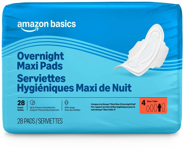 Main image of Amazon Basics Size 4 Overnight Absorbency Pads with Wings, 28Count, Super Absorbent, Leakproof, Unscented, Packaging May Vary