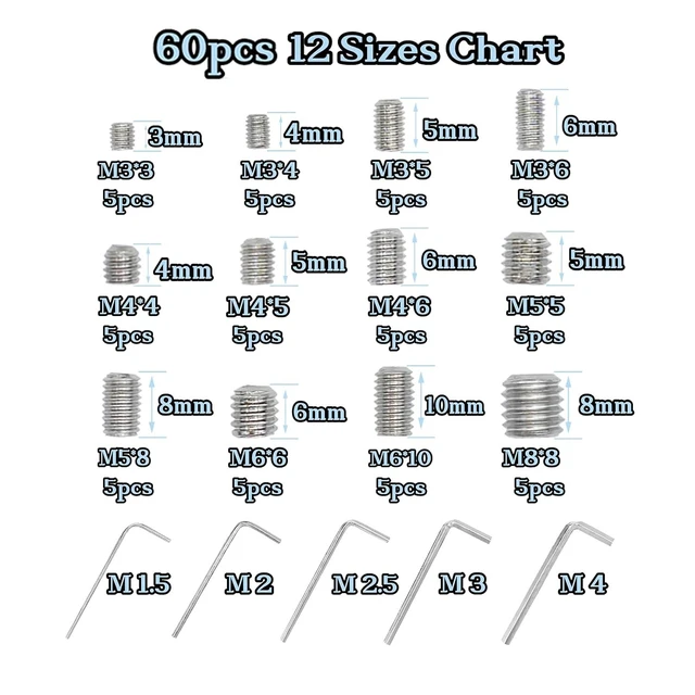 Alt view image 4 of 6 - 60-Piece Hex Socket Head Cap Screws and Grub Screws Assortment M3 M4 M5 M6 M8 Stainless Steel 12 Sizes for Home Repair Door Lock Installation Furniture Repair Electronics