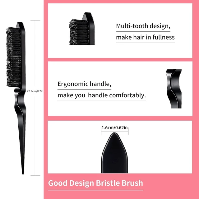 Alt view image 4 of 6 - 3-Piece Hair Styling Comb Set Teasing Brush Rat Tail Comb Edge Brush for Edges and Back, Detangling, Smoothing Hair (Black)