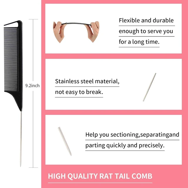 Alt view image 5 of 6 - 3-Piece Hair Styling Comb Set Teasing Brush Rat Tail Comb Edge Brush for Edges and Back, Detangling, Smoothing Hair (Black)
