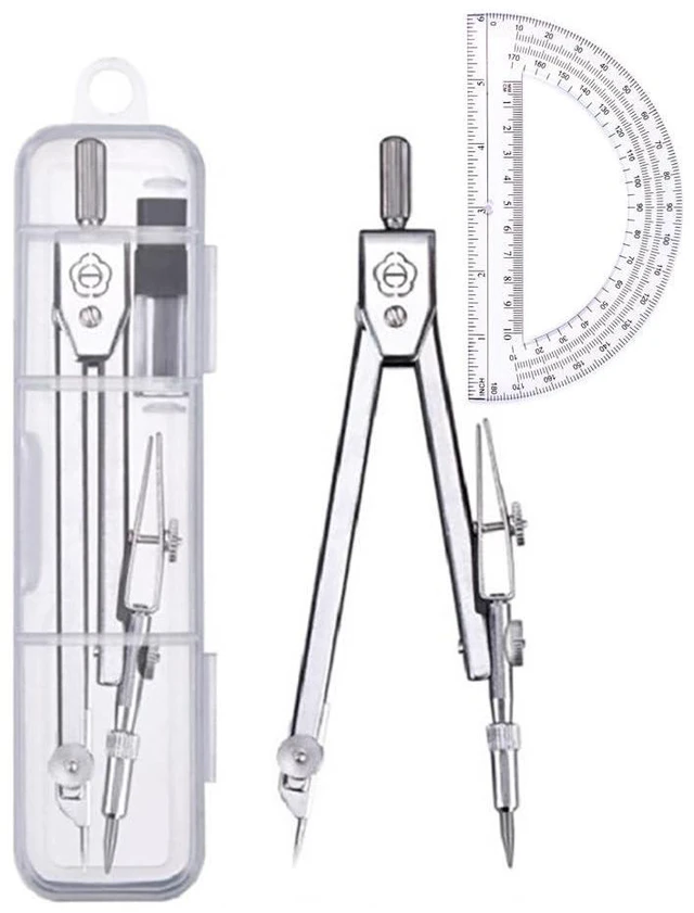 Main image of Protractor and Compass Set, Geometry Compass, Math Compass, Silver Geometry Tool Kit