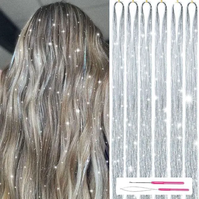 Main image of Hair Tinsel Kit with Tools 48 Inch 1200 Strands Glitter Metallic Hair Extensions Heat Resistant 6 Pieces (Silver)