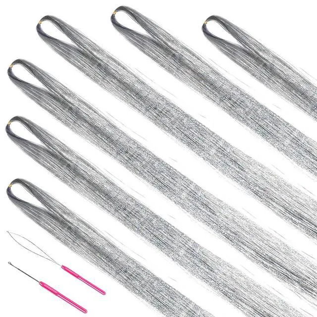 Alt view image 7 of 7 - Hair Tinsel Kit with Tools 48 Inch 1200 Strands Glitter Metallic Hair Extensions Heat Resistant 6 Pieces (Silver)