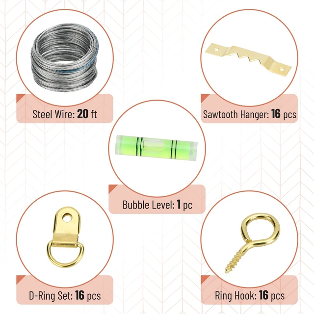 Alt view image 4 of 7 - Mr. Pen Picture Hanging Kit 310-Piece Gold Assorted Hooks with Nails, Sawtooth Hangers, D-Rings, Steel Wire, Ring Hooks for Frames, Canvas, Dcor