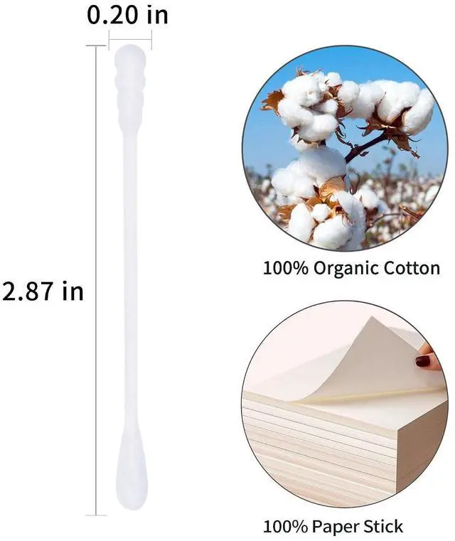 Alt view image 2 of 7 - Organic Cotton Swabs 200 Count Double Side Tightly Wrapped Cotton Tips Paper Stick Soft Gentle Lint-Free Cruelty-Free Round & Spiral White