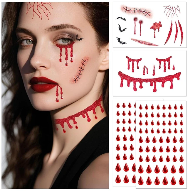 Alt view image 5 of 7 - Vampire Face Tattoos with Face Gems, Halloween Costume Accessories