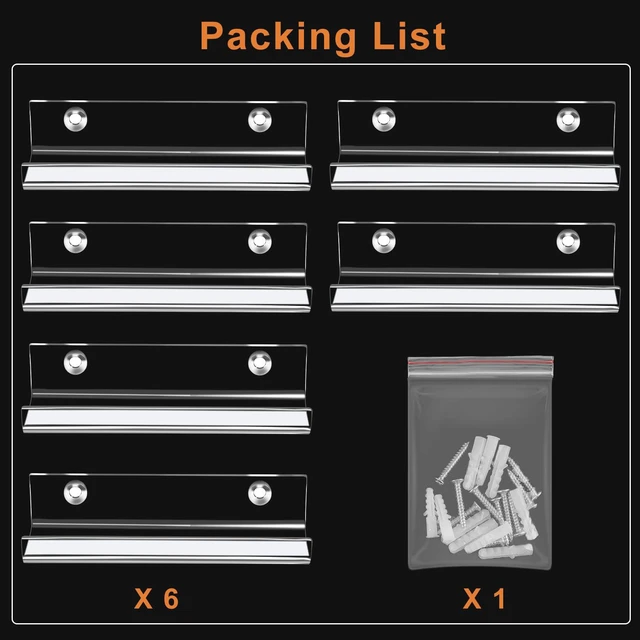 Alt view image 6 of 7 - Jansburg 6 Pack Clear Vinyl Record Wall Mount Acrylic Album Display Holder for CDs, Floating Shelf, 4 Inch, for Home Office