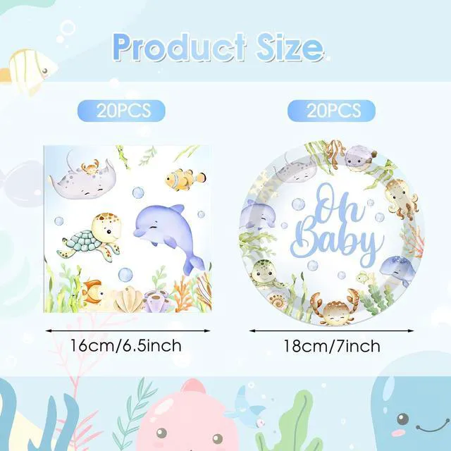 Alt view image 4 of 6 - 40pcs Under the Sea Sea Animal Theme Tableware Set, Plates and Napkins for Baby Shower Birthday Party Ocean Decorations