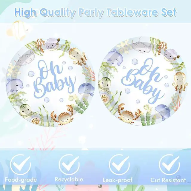 Alt view image 5 of 6 - 40pcs Under the Sea Sea Animal Theme Tableware Set, Plates and Napkins for Baby Shower Birthday Party Ocean Decorations