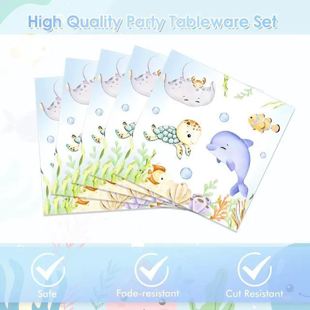 Alt view image 3 of 6 - 40pcs Under the Sea Sea Animal Theme Tableware Set, Plates and Napkins for Baby Shower Birthday Party Ocean Decorations