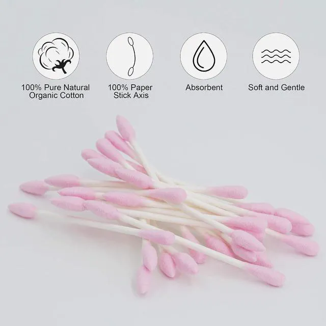 Alt view image 5 of 7 - Pink Organic Cotton Swabs 200 Count, Precision Pointed & Round, Double Side, Paper Stick, Lint-Free, Cruelty-Free