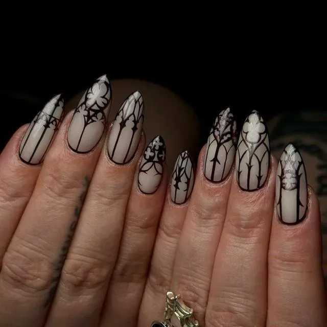 Alt view image 4 of 7 - Almond Press on Nails Medium Length Black Goth Acrylic Glow in the Dark with Designs Full Cover Reusable Artificial Nails 24Pcs