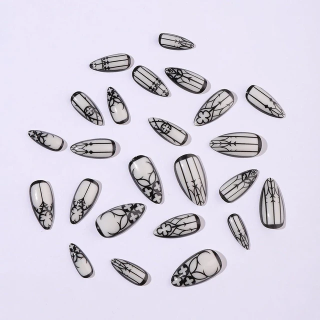 Alt view image 6 of 7 - Almond Press on Nails Medium Length Black Goth Acrylic Glow in the Dark with Designs Full Cover Reusable Artificial Nails 24Pcs