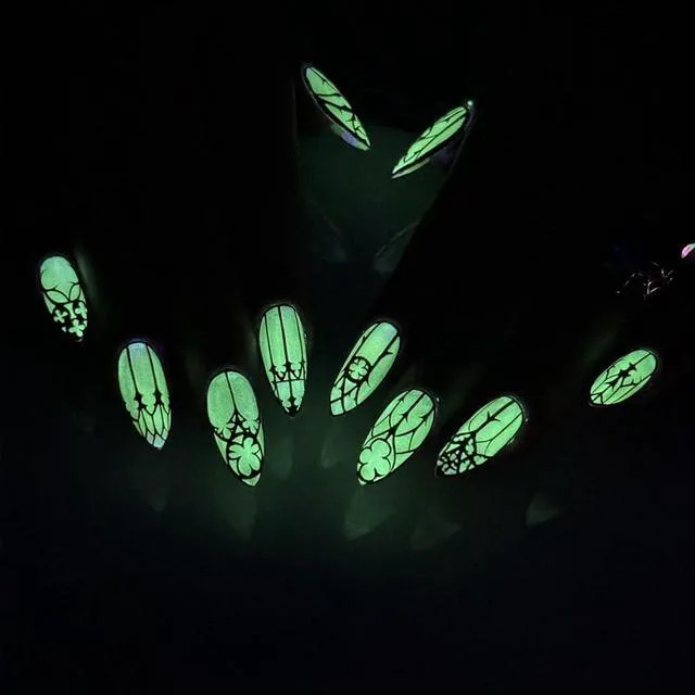 Alt view image 7 of 7 - Almond Press on Nails Medium Length Black Goth Acrylic Glow in the Dark with Designs Full Cover Reusable Artificial Nails 24Pcs