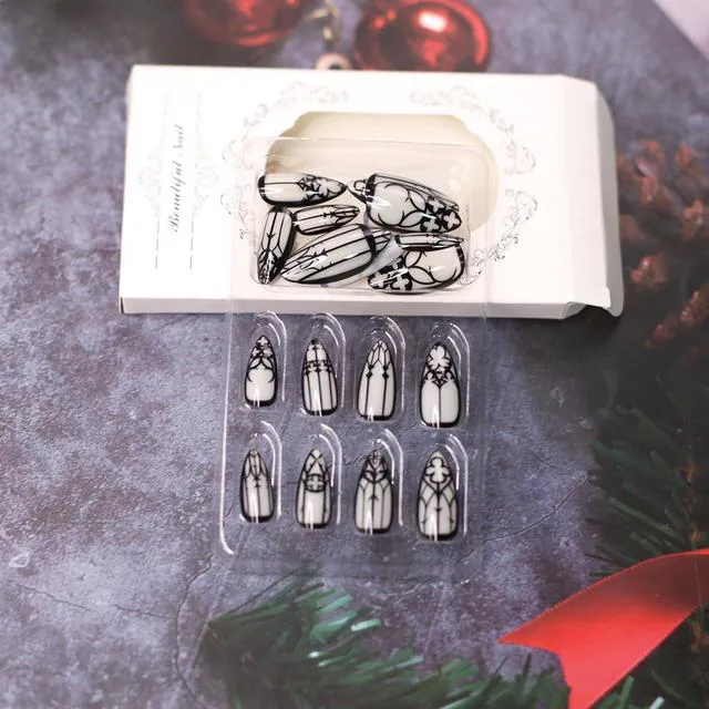 Alt view image 5 of 7 - Almond Press on Nails Medium Length Black Goth Acrylic Glow in the Dark with Designs Full Cover Reusable Artificial Nails 24Pcs