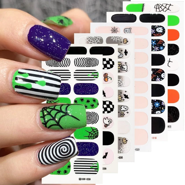 Main image of 6 Sheets Gel Nail Wraps, Halloween Spider Web Flower Ghost Bat Pumpkin Nail Stickers, Self-Adhesive Scary Holiday Nail Strips