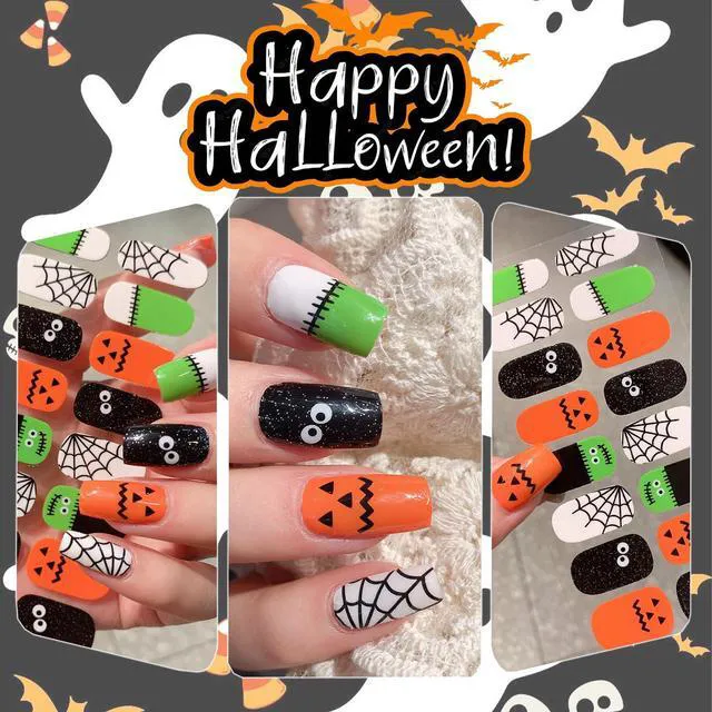 Alt view image 7 of 7 - 6 Sheets Gel Nail Wraps, Halloween Spider Web Flower Ghost Bat Pumpkin Nail Stickers, Self-Adhesive Scary Holiday Nail Strips
