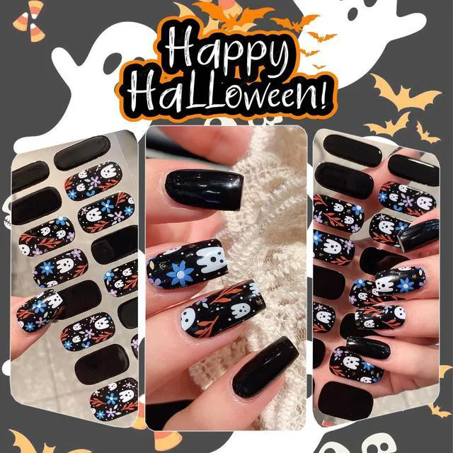 Alt view image 4 of 7 - 6 Sheets Gel Nail Wraps, Halloween Spider Web Flower Ghost Bat Pumpkin Nail Stickers, Self-Adhesive Scary Holiday Nail Strips