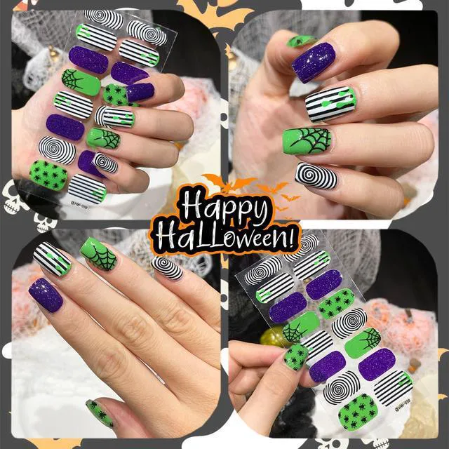 Alt view image 3 of 7 - 6 Sheets Gel Nail Wraps, Halloween Spider Web Flower Ghost Bat Pumpkin Nail Stickers, Self-Adhesive Scary Holiday Nail Strips