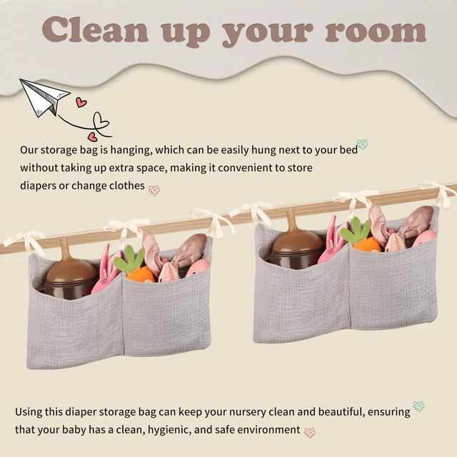 Alt view image 4 of 6 - Bedside Hanging Organizer Bag for Crib and Bunk Bed, Baby Nappy Storage, Cotton, Khaki