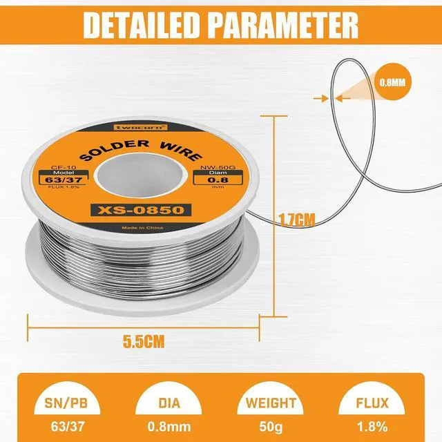 Alt view image 4 of 7 - 63/37 Tin-Lead Rosin Core Solder Wire, 0.8mm, 50g, 1.8% Flux, No-Wash, High Purity