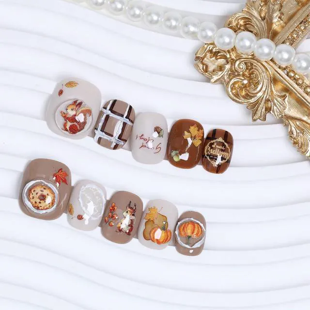 Alt view image 5 of 7 - 10Pcs Thanksgiving Press on Nails Petite Short Maple Leaf 3D Cute Squirrel with Pumpkin Design Full Cover Artificial Acrylic Manicure for Women