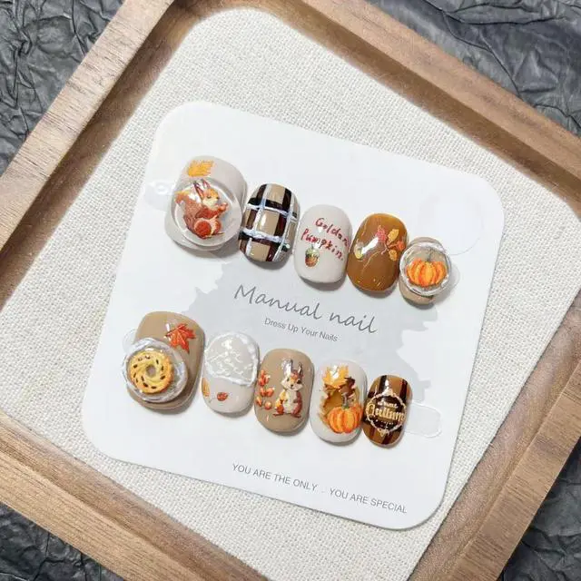 Alt view image 3 of 7 - 10Pcs Thanksgiving Press on Nails Petite Short Maple Leaf 3D Cute Squirrel with Pumpkin Design Full Cover Artificial Acrylic Manicure for Women