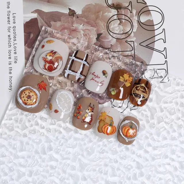 Alt view image 2 of 7 - 10Pcs Thanksgiving Press on Nails Petite Short Maple Leaf 3D Cute Squirrel with Pumpkin Design Full Cover Artificial Acrylic Manicure for Women