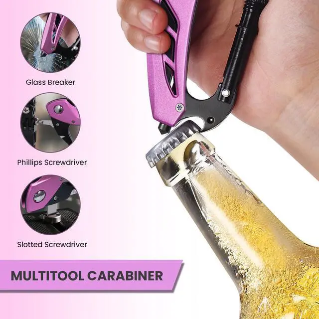 Alt view image 6 of 6 - FUNBRO Multitool Carabiner, Pink, Bottle Opener and Screwdriver