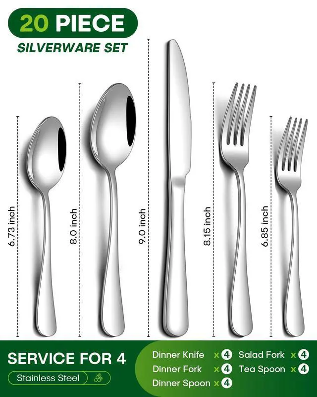 Alt view image 3 of 6 - PHILIPALA 20 Piece Stainless Steel Silverware Set for 4, Food Grade Novelty Cutlery with Knife Fork Spoon, Mirror Polished, Dishwasher Safe