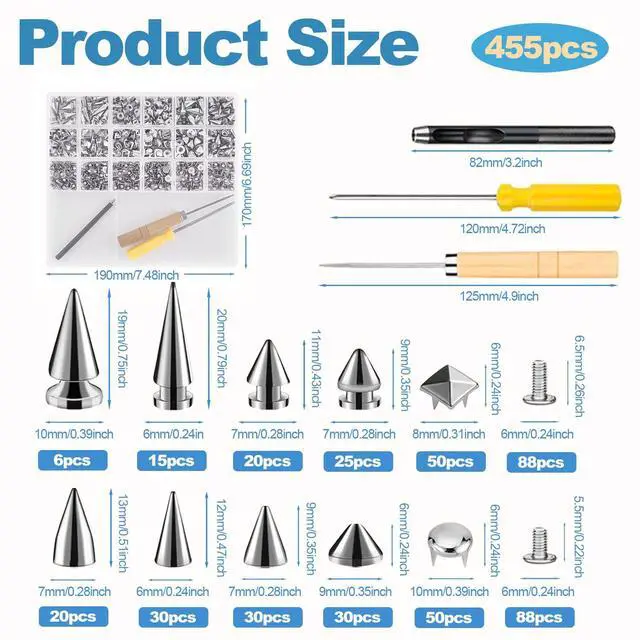 Alt view image 5 of 7 - Craluuur 455-Piece Studs and Spikes Kit Punk Metal for Clothing